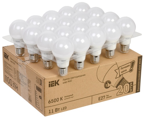 Лампа светодиодная A60 шар 11Вт 230В 6500К E27 (20шт/жкхпак) | код LLE-A60-11-230-65-E27-20 | IEK
